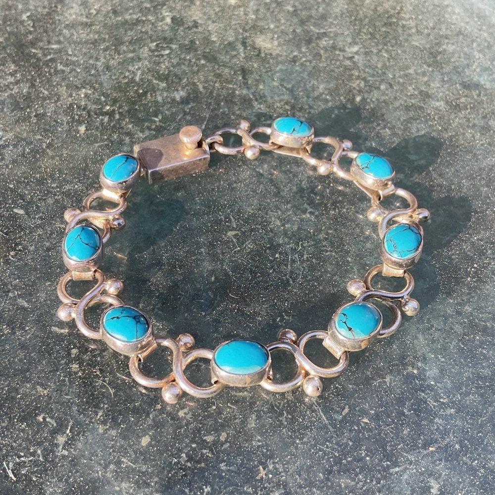 Gorgeous Mexican 925 Sterling Silver Turquoise Oval Link Chain Bracelet 7.5in - Picture 7 of 9